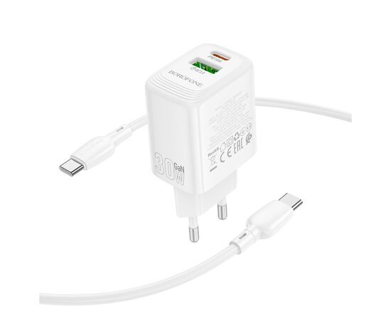 Зарядное устройство BOROFONE BN29 Fuente 1xUSB-C PD30W + 1xUSB QC3.0 + cable USB-C to USB-C White (6941991120343), изображение 5 Зарядное устройство BOROFONE BN29 Fuente 1xUSB-C PD30W + 1xUSB QC3.0 + cable USB-C to USB-C White (6941991120343), изображение 5