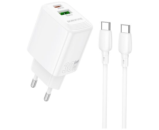 Зарядний пристрій BOROFONE BN29 Fuente 1xUSB-C PD30W + 1xUSB QC3.0 + cable USB-C to USB-C White (6941991120343)