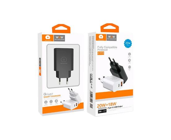 Зарядное устройство WUW C172 1xUSB-C PD20W + 1xUSB QC3.0 18W White (с172W), изображение 2 Зарядное устройство WUW C172 1xUSB-C PD20W + 1xUSB QC3.0 18W White (с172W), изображение 2