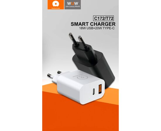 Зарядное устройство WUW C172 1xUSB-C PD20W + 1xUSB QC3.0 18W White (с172W), изображение 3 Зарядное устройство WUW C172 1xUSB-C PD20W + 1xUSB QC3.0 18W White (с172W), изображение 3