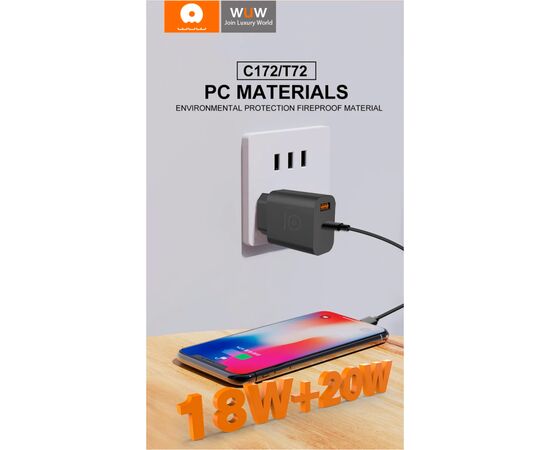 Зарядное устройство WUW C172 1xUSB-C PD20W + 1xUSB QC3.0 18W White (с172W), изображение 4 Зарядное устройство WUW C172 1xUSB-C PD20W + 1xUSB QC3.0 18W White (с172W), изображение 4