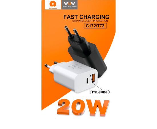 Зарядное устройство WUW C172 1xUSB-C PD20W + 1xUSB QC3.0 18W White (с172W), изображение 5 Зарядное устройство WUW C172 1xUSB-C PD20W + 1xUSB QC3.0 18W White (с172W), изображение 5