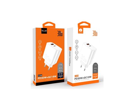 Зарядное устройство WUW C208 1xUSB-C PD30W + 1xUSB QC3.0 18W White (6972573333417), изображение 2 Зарядное устройство WUW C208 1xUSB-C PD30W + 1xUSB QC3.0 18W White (6972573333417), изображение 2