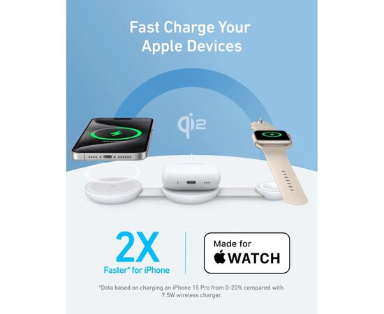 Зарядное устройство Anker MagGo Wireless Charging Pad 15W 3-in-1 Foldable White (B25M8H21), изображение 5 Зарядное устройство Anker MagGo Wireless Charging Pad 15W 3-in-1 Foldable White (B25M8H21), изображение 5