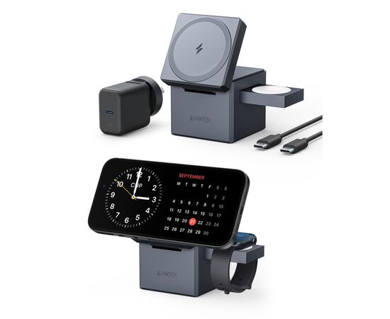 Зарядное устройство Anker MagGo Wireless Charging Station 15W 3-in-1 Cube Black (Y1811G11), изображение 2