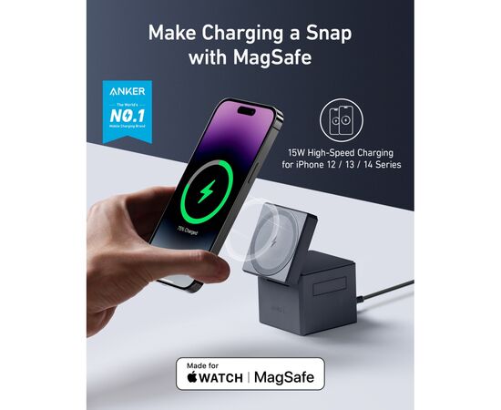 Зарядное устройство Anker MagGo Wireless Charging Station 15W 3-in-1 Cube Black (Y1811G11), изображение 5