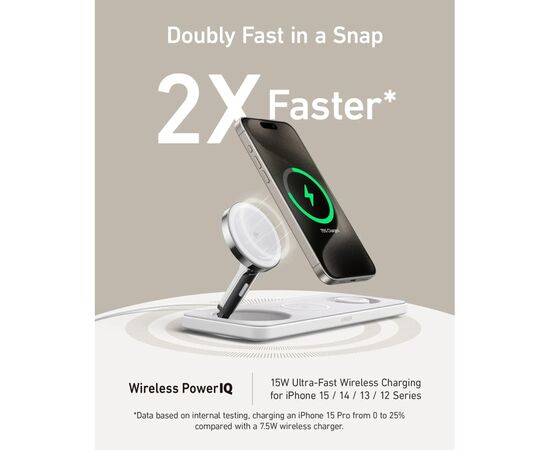 Зарядное устройство Anker MagGo Wireless Charging Station 15W 3-in-1 Pad White (B25M1321), изображение 2 Зарядное устройство Anker MagGo Wireless Charging Station 15W 3-in-1 Pad White (B25M1321), изображение 2