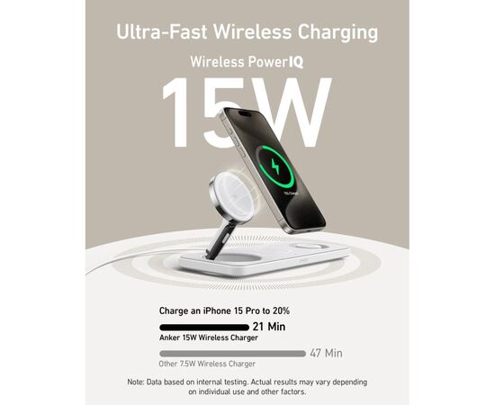 Зарядное устройство Anker MagGo Wireless Charging Station 15W 3-in-1 Pad White (B25M1321), изображение 6 Зарядное устройство Anker MagGo Wireless Charging Station 15W 3-in-1 Pad White (B25M1321), изображение 6