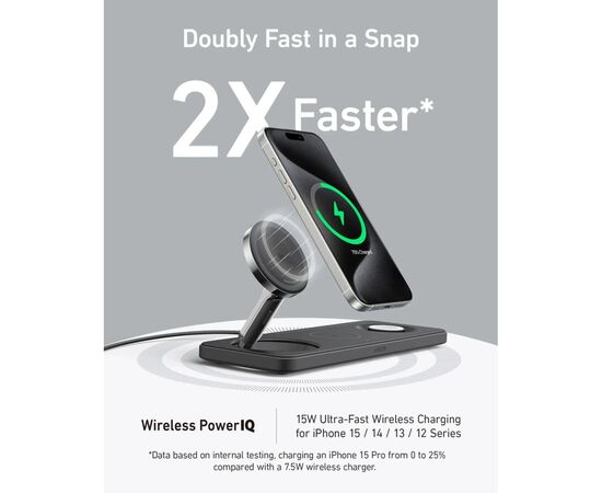 Зарядное устройство Anker MagGo Wireless Charging Station 15W 3-in-1 Pad Black (B25M1311), изображение 10 Зарядное устройство Anker MagGo Wireless Charging Station 15W 3-in-1 Pad Black (B25M1311), изображение 10