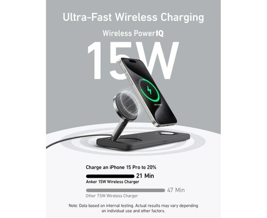 Зарядное устройство Anker MagGo Wireless Charging Station 15W 3-in-1 Pad Black (B25M1311), изображение 8 Зарядное устройство Anker MagGo Wireless Charging Station 15W 3-in-1 Pad Black (B25M1311), изображение 8