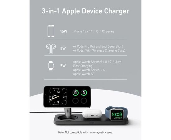 Зарядное устройство Anker MagGo Wireless Charging Station 15W 3-in-1 Pad Black (B25M1311), изображение 9 Зарядное устройство Anker MagGo Wireless Charging Station 15W 3-in-1 Pad Black (B25M1311), изображение 9