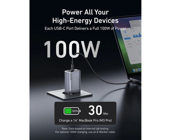 Зарядное устройство Anker GaNPrime 100W 2xUSB-C PD + 1xUSB-A Foldable Silver (A2688341), изображение 3