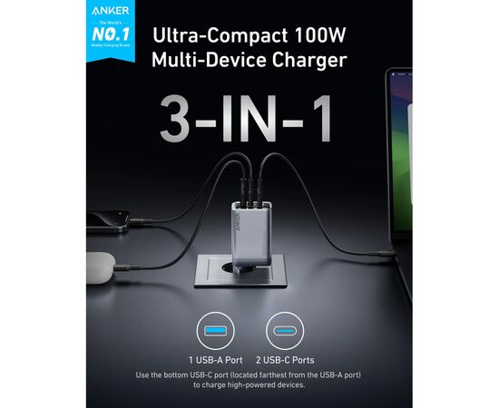 Зарядное устройство Anker GaNPrime 100W 2xUSB-C PD + 1xUSB-A Foldable Silver (A2688341), изображение 6