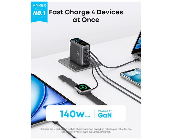 Зарядное устройство Anker Laptop GaN 140W 3xUSB-C PD3.1 + USB-A + display + cable Black (B2697GZ1), изображение 2 Зарядное устройство Anker Laptop GaN 140W 3xUSB-C PD3.1 + USB-A + display + cable Black (B2697GZ1), изображение 2
