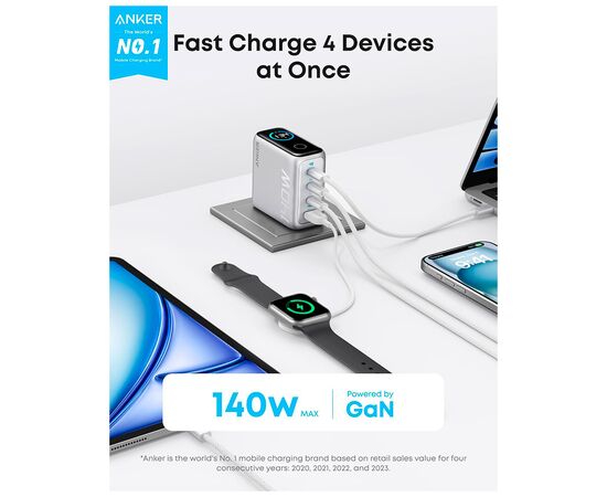 Зарядное устройство Anker Laptop GaN 140W 3xUSB-C PD3.1 + USB-A + display + cable Silver (B2697G41), изображение 2 Зарядное устройство Anker Laptop GaN 140W 3xUSB-C PD3.1 + USB-A + display + cable Silver (B2697G41), изображение 2