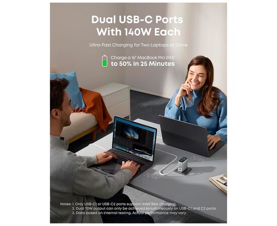 Зарядное устройство Anker Laptop GaN 140W 3xUSB-C PD3.1 + USB-A + display + cable Silver (B2697G41), изображение 3 Зарядное устройство Anker Laptop GaN 140W 3xUSB-C PD3.1 + USB-A + display + cable Silver (B2697G41), изображение 3