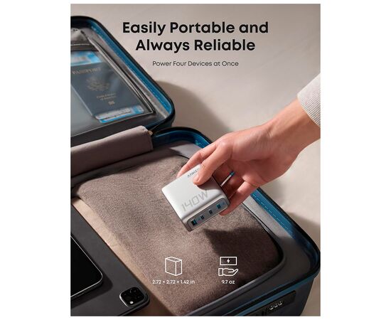 Зарядное устройство Anker Laptop GaN 140W 3xUSB-C PD3.1 + USB-A + display + cable Silver (B2697G41), изображение 6 Зарядное устройство Anker Laptop GaN 140W 3xUSB-C PD3.1 + USB-A + display + cable Silver (B2697G41), изображение 6