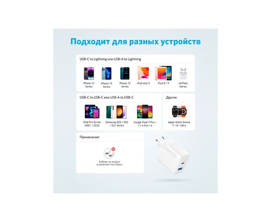 Зарядное устройство Anker PowerPort 20W USB-C + USB-A White (A2348G21), изображение 7 Зарядное устройство Anker PowerPort 20W USB-C + USB-A White (A2348G21), изображение 7