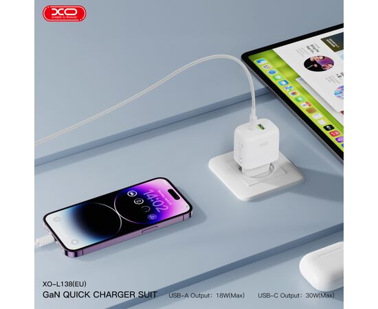 Зарядний пристрій XO L138 48W USB-C PD30W + USB-A QC18W White (L138_White), зображення 4 Зарядний пристрій XO L138 48W USB-C PD30W + USB-A QC18W White (L138_White), зображення 4