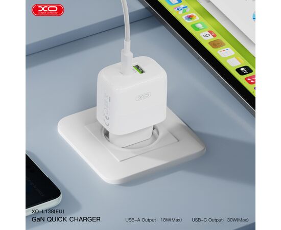 Зарядний пристрій XO L138 48W USB-C PD30W + USB-A QC18W White (L138_White), зображення 7 Зарядний пристрій XO L138 48W USB-C PD30W + USB-A QC18W White (L138_White), зображення 7