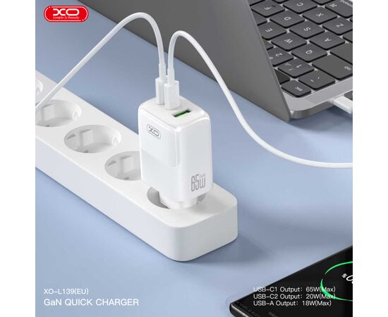 Зарядний пристрій XO L139 83W 2xUSB-C PD65W + USB-A QC18W White (L139_White), зображення 4 Зарядний пристрій XO L139 83W 2xUSB-C PD65W + USB-A QC18W White (L139_White), зображення 4