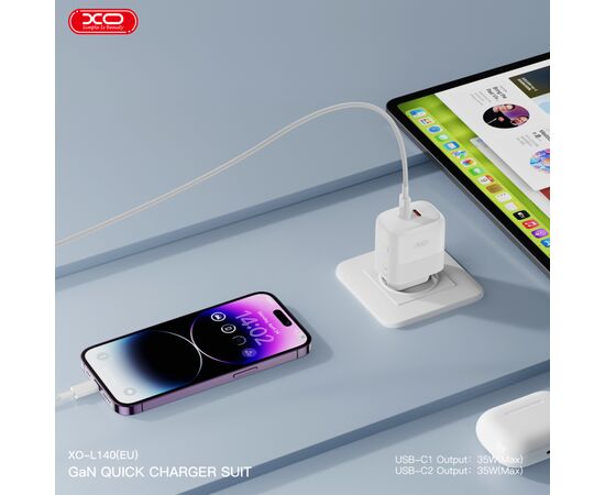 Зарядний пристрій XO L140 35W 2xUSB-C PD White (L140_White), зображення 5 Зарядний пристрій XO L140 35W 2xUSB-C PD White (L140_White), зображення 5