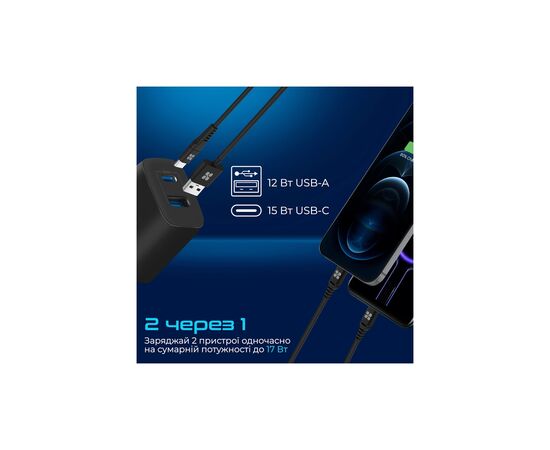 Зарядное устройство Promate 17W USB-C + USB-A (biplug-2.black), изображение 2 Зарядное устройство Promate 17W USB-C + USB-A (biplug-2.black), изображение 2