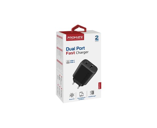 Зарядное устройство Promate 17W USB-C + USB-A (biplug-2.black), изображение 7 Зарядное устройство Promate 17W USB-C + USB-A (biplug-2.black), изображение 7