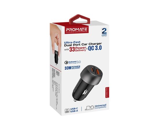 Зарядное устройство Promate drivegear-pd33 USB-C PD33W + USB-A QC3.0 Black (drivegear-pd33), изображение 8 Зарядное устройство Promate drivegear-pd33 USB-C PD33W + USB-A QC3.0 Black (drivegear-pd33), изображение 8