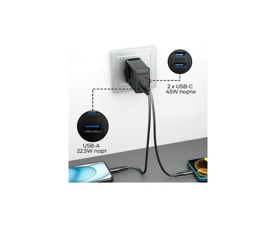 Зарядное устройство Promate powerport-45 2xUSB-C PD + USB-A QC 45W Black (powerport-45.black), изображение 4 Зарядное устройство Promate powerport-45 2xUSB-C PD + USB-A QC 45W Black (powerport-45.black), изображение 4