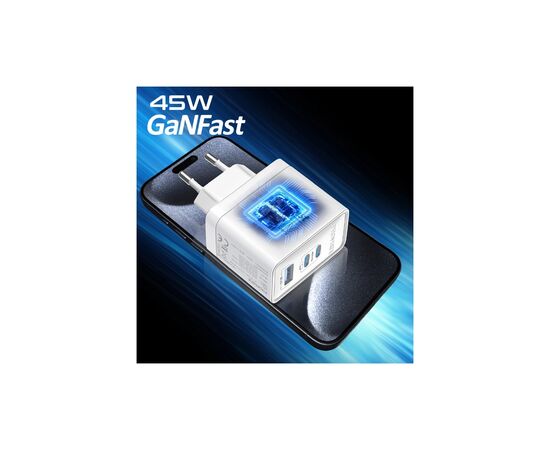 Зарядное устройство Promate powerport-45 2xUSB-C PD + USB-A QC 45W White (powerport-45.white), изображение 2 Зарядное устройство Promate powerport-45 2xUSB-C PD + USB-A QC 45W White (powerport-45.white), изображение 2
