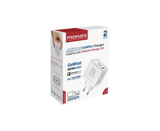 Зарядное устройство Promate powerport-45 2xUSB-C PD + USB-A QC 45W White (powerport-45.white), изображение 6 Зарядное устройство Promate powerport-45 2xUSB-C PD + USB-A QC 45W White (powerport-45.white), изображение 6