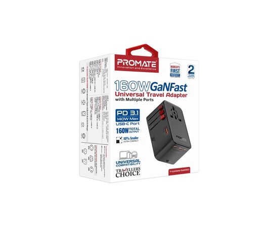 Зарядное устройство Promate tripmate-gan160 3xUSB-C PD + USB-A QC 160W GaN Black (tripmate-gan160), изображение 8 Зарядное устройство Promate tripmate-gan160 3xUSB-C PD + USB-A QC 160W GaN Black (tripmate-gan160), изображение 8
