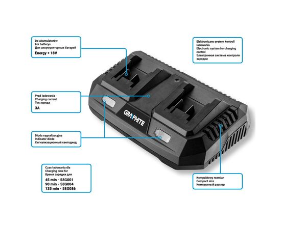 Зарядное устройство для аккумуляторов инструмента Graphite Energy+ 18V, 3А,0.74кг (58G085), изображение 2 Зарядное устройство для аккумуляторов инструмента Graphite Energy+ 18V, 3А,0.74кг (58G085), изображение 2