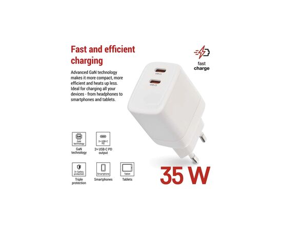 Зарядное устройство EMOS V03G35 2xUSB-C 35W GaN (V03G35), изображение 3 Зарядное устройство EMOS V03G35 2xUSB-C 35W GaN (V03G35), изображение 3