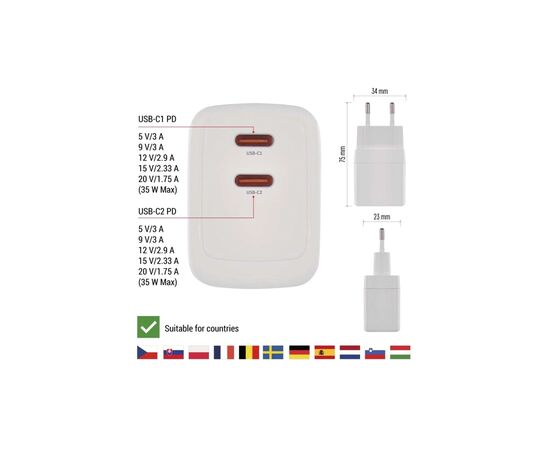 Зарядное устройство EMOS V03G35 2xUSB-C 35W GaN (V03G35), изображение 5 Зарядное устройство EMOS V03G35 2xUSB-C 35W GaN (V03G35), изображение 5