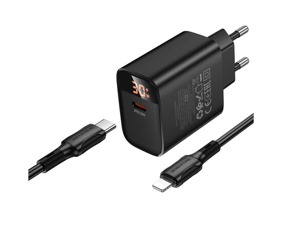 Зарядное устройство BOROFONE BA97A Ilustre USB-C PD30W digital display + cable USB-C to Lightning Black (6941991120497), изображение 2 Зарядное устройство BOROFONE BA97A Ilustre USB-C PD30W digital display + cable USB-C to Lightning Black (6941991120497), изображение 2