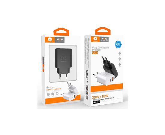 Зарядное устройство WUW C172 1xUSB-C PD20W + 1xUSB QC3.0 18W Black (6972573335381), изображение 2 Зарядное устройство WUW C172 1xUSB-C PD20W + 1xUSB QC3.0 18W Black (6972573335381), изображение 2
