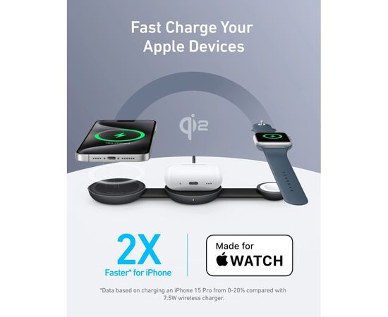 Зарядное устройство Anker MagGo Wireless Charging Pad 15W 3-in-1 Foldable Black (B25M8H11), изображение 3