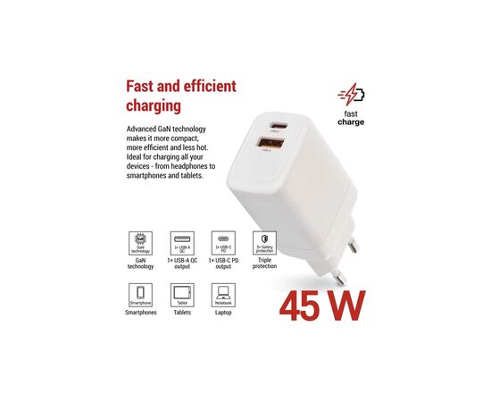 Зарядное устройство EMOS V04G45 1xUSB-A + 1xUSB-C PD20W GaN (V04G45), изображение 3