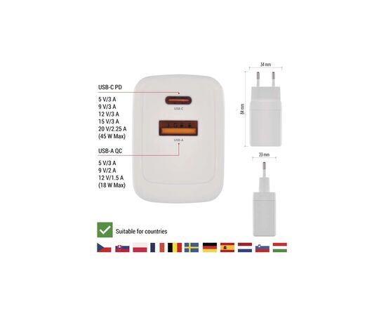Зарядное устройство EMOS V04G45 1xUSB-A + 1xUSB-C PD20W GaN (V04G45), изображение 5