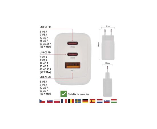 Зарядное устройство EMOS V05G65 1xUSB-A + 2xUSB-C PD65W GaN (V05G65), изображение 5