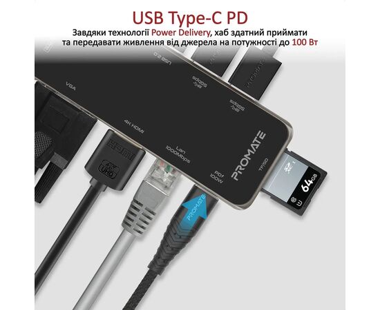 Концентратор Promate USB-C 11-in-1 Promate primehub-pro.grey (primehub-pro.grey), изображение 4 Концентратор Promate USB-C 11-in-1 Promate primehub-pro.grey (primehub-pro.grey), изображение 4
