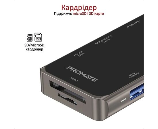 Концентратор Promate USB-C 11-in-1 Promate primehub-pro.grey (primehub-pro.grey), изображение 8 Концентратор Promate USB-C 11-in-1 Promate primehub-pro.grey (primehub-pro.grey), изображение 8