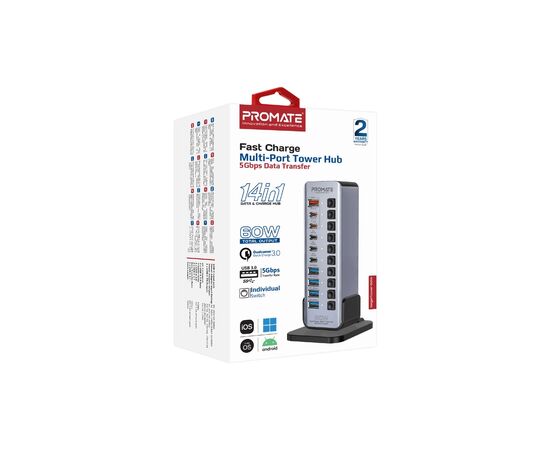 Концентратор Promate USB-C 14-in-1 Promate gegatower-60w (gegatower-60w), изображение 9 Концентратор Promate USB-C 14-in-1 Promate gegatower-60w (gegatower-60w), изображение 9