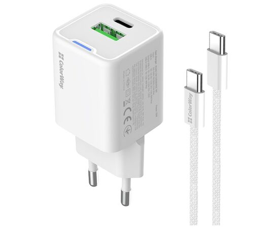 Зарядное устройство ColorWay C101A GaN Mini 20W PD PPS USB-C + USB-A QC4.0 + cable USB-C to USB-C black (CW-CHS062PDC-WT), изображение 2 Зарядное устройство ColorWay C101A GaN Mini 20W PD PPS USB-C + USB-A QC4.0 + cable USB-C to USB-C black (CW-CHS062PDC-WT), изображение 2
