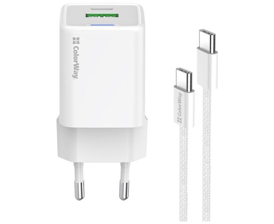 Зарядное устройство ColorWay C101A GaN Mini 20W PD PPS USB-C + USB-A QC4.0 + cable USB-C to USB-C black (CW-CHS062PDC-WT), изображение 3 Зарядное устройство ColorWay C101A GaN Mini 20W PD PPS USB-C + USB-A QC4.0 + cable USB-C to USB-C black (CW-CHS062PDC-WT), изображение 3