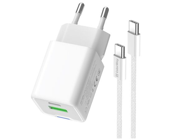 Зарядное устройство ColorWay C101A GaN Mini 20W PD PPS USB-C + USB-A QC4.0 + cable USB-C to USB-C black (CW-CHS062PDC-WT), изображение 4 Зарядное устройство ColorWay C101A GaN Mini 20W PD PPS USB-C + USB-A QC4.0 + cable USB-C to USB-C black (CW-CHS062PDC-WT), изображение 4