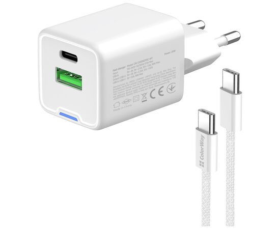 Зарядное устройство ColorWay C101A GaN Mini 20W PD PPS USB-C + USB-A QC4.0 + cable USB-C to USB-C black (CW-CHS062PDC-WT), изображение 5 Зарядное устройство ColorWay C101A GaN Mini 20W PD PPS USB-C + USB-A QC4.0 + cable USB-C to USB-C black (CW-CHS062PDC-WT), изображение 5