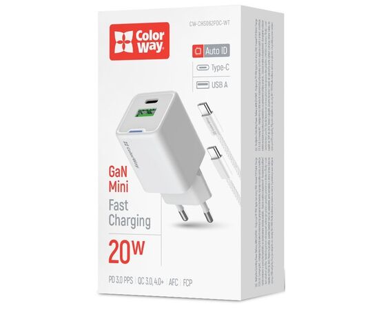 Зарядное устройство ColorWay C101A GaN Mini 20W PD PPS USB-C + USB-A QC4.0 + cable USB-C to USB-C black (CW-CHS062PDC-WT), изображение 6 Зарядное устройство ColorWay C101A GaN Mini 20W PD PPS USB-C + USB-A QC4.0 + cable USB-C to USB-C black (CW-CHS062PDC-WT), изображение 6